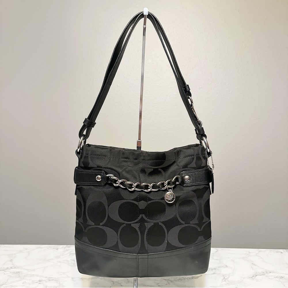 🩶 Coach Black Leather Signature Jacquard Crossbody Bag Silver Chain & Charm